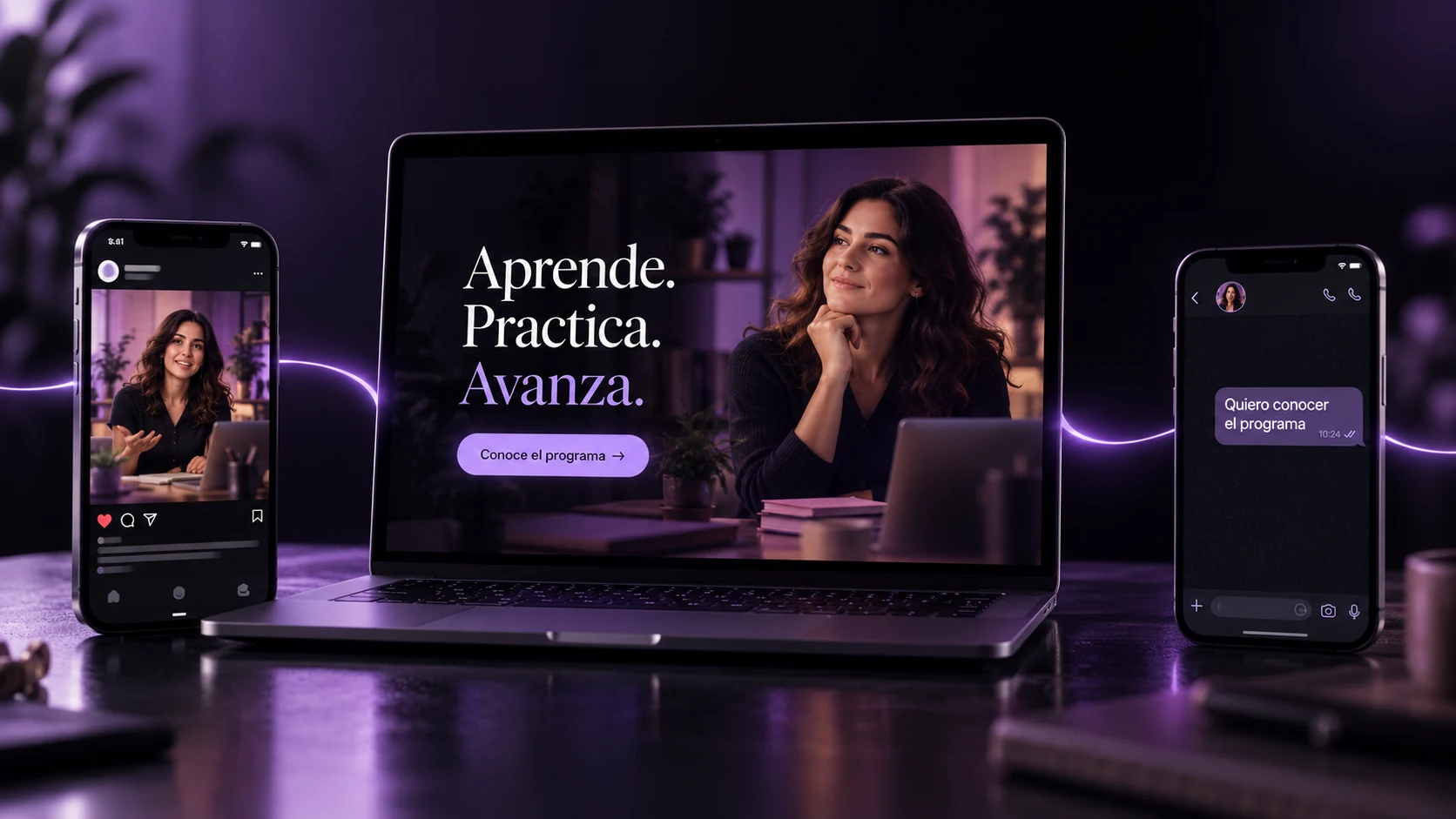 Concepto visual del recorrido de un alumno: anuncio, página del programa y consulta por WhatsApp